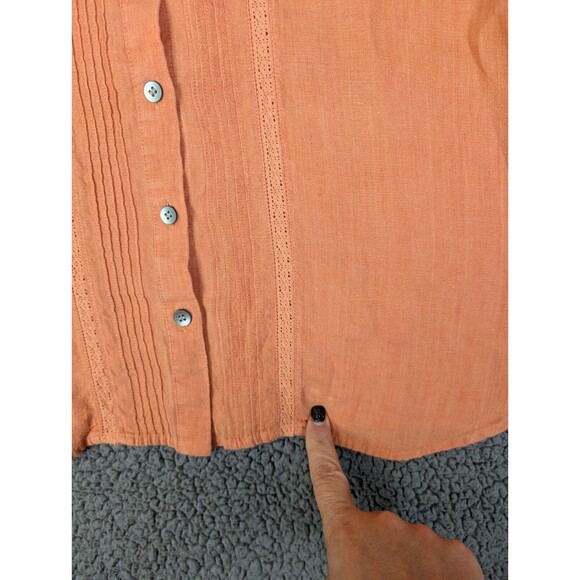 J Jill Top Button Up 100% Linen Eyelet Short Sleeve Size Medium Peach Pleated - Picture 10 of 13